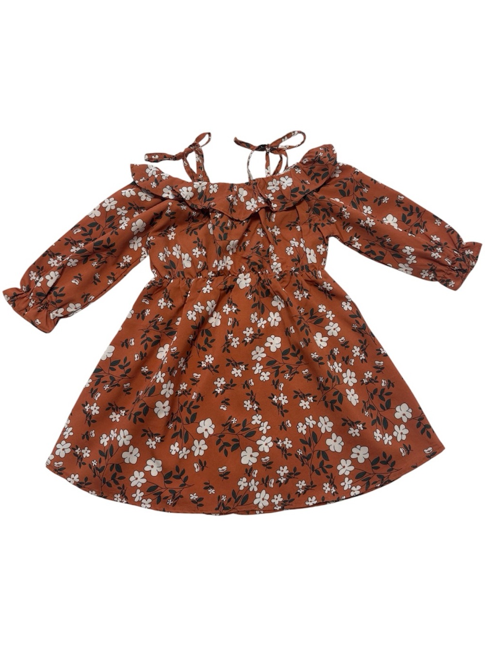 Girls Off the Shoulder Dress 2T in Floral Rust/Burnt Orange